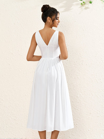 Deep V-Neck Bow Tie Ruched Corset Dress with Pockets