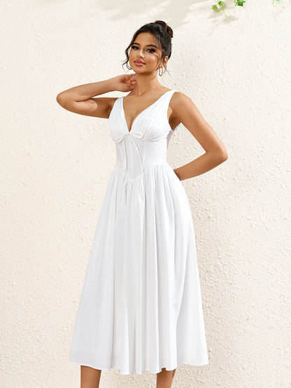 Deep V-Neck Bow Tie Ruched Corset Dress with Pockets