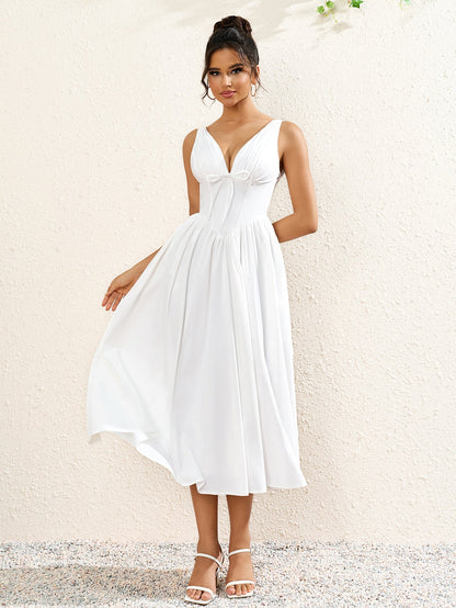 Deep V-Neck Bow Tie Ruched Corset Dress with Pockets