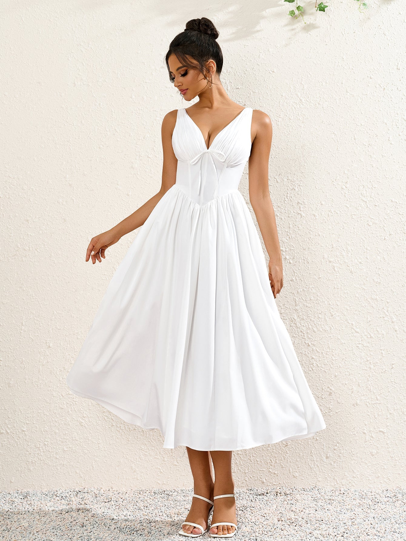 Deep V-Neck Bow Tie Ruched Corset Dress with Pockets