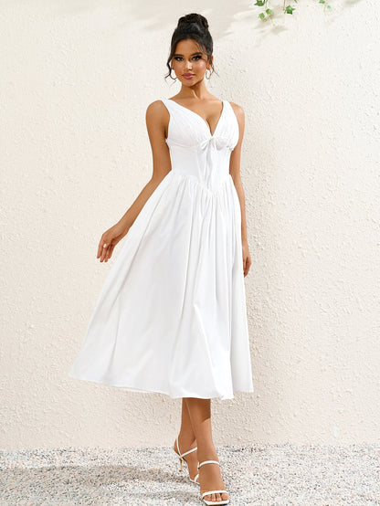 Deep V-Neck Bow Tie Ruched Corset Dress with Pockets