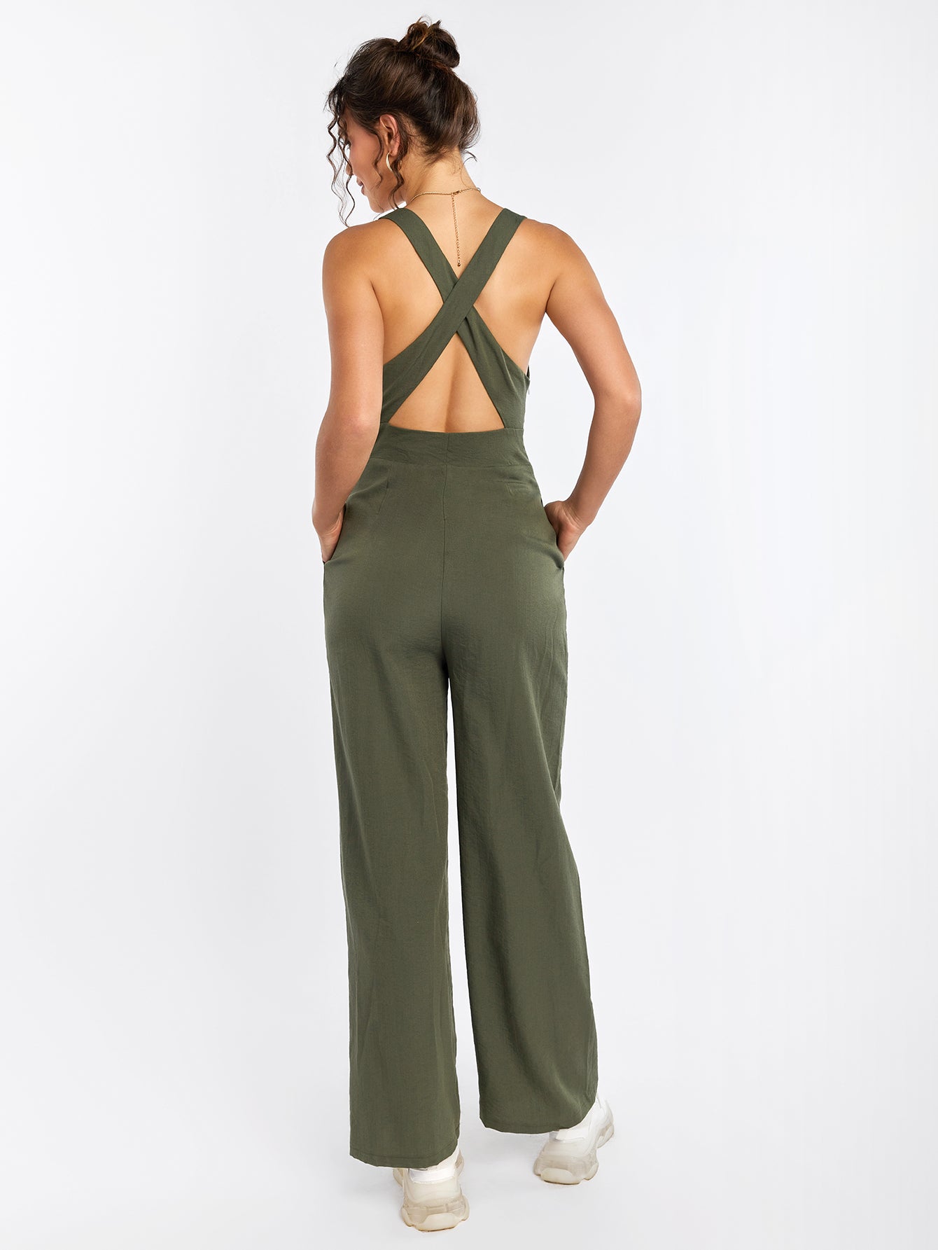 Deep V-Neck Crisscross Back Pocket Jumpsuit