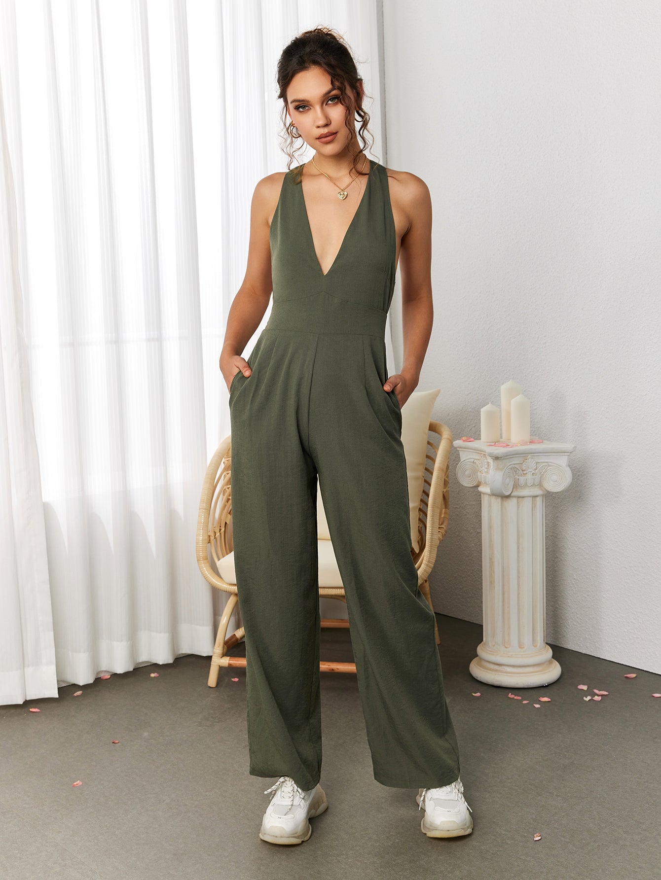 Deep V-Neck Crisscross Back Pocket Jumpsuit