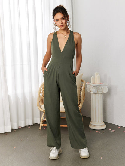Deep V-Neck Crisscross Back Pocket Jumpsuit