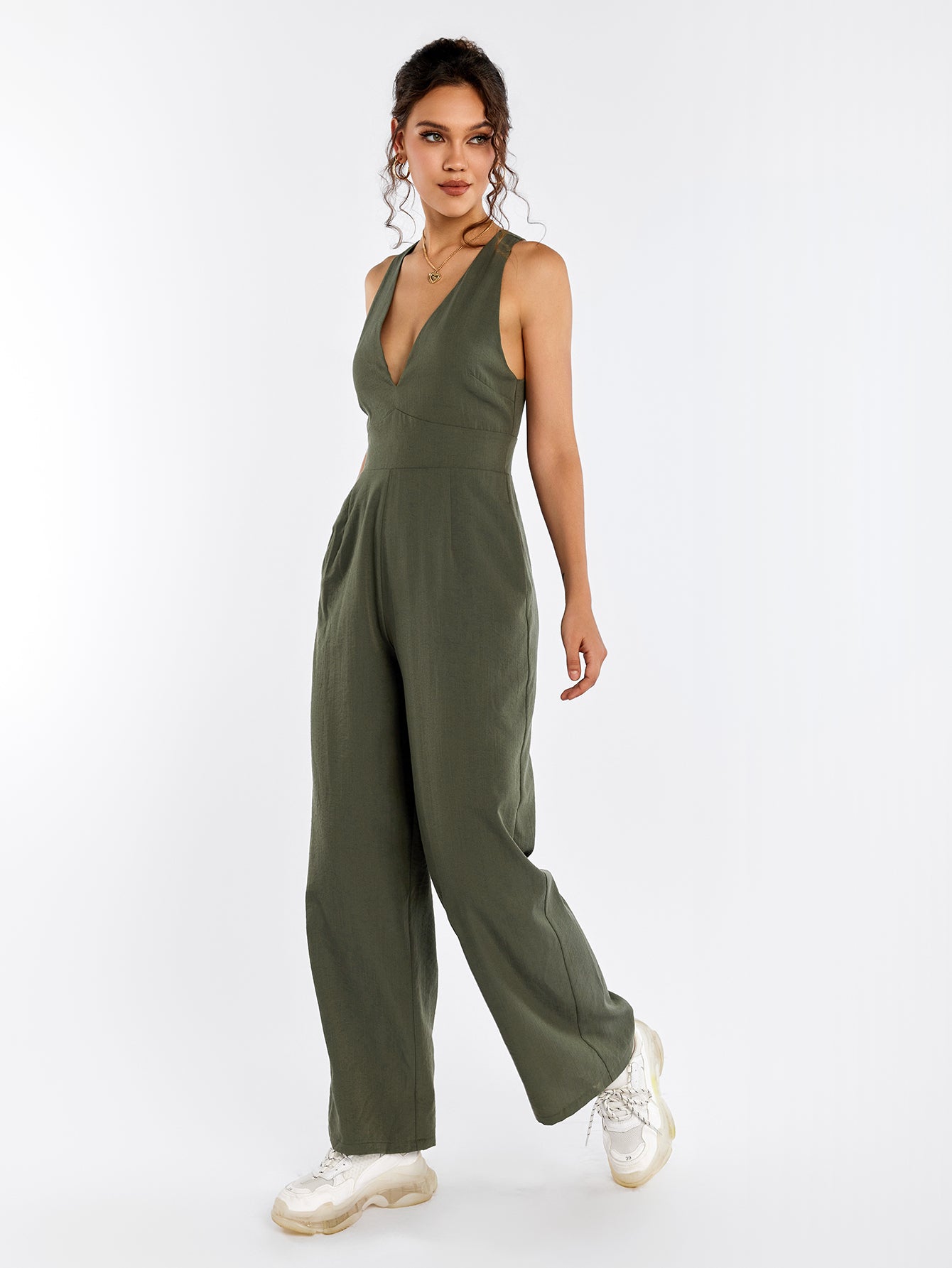 Deep V-Neck Crisscross Back Pocket Jumpsuit