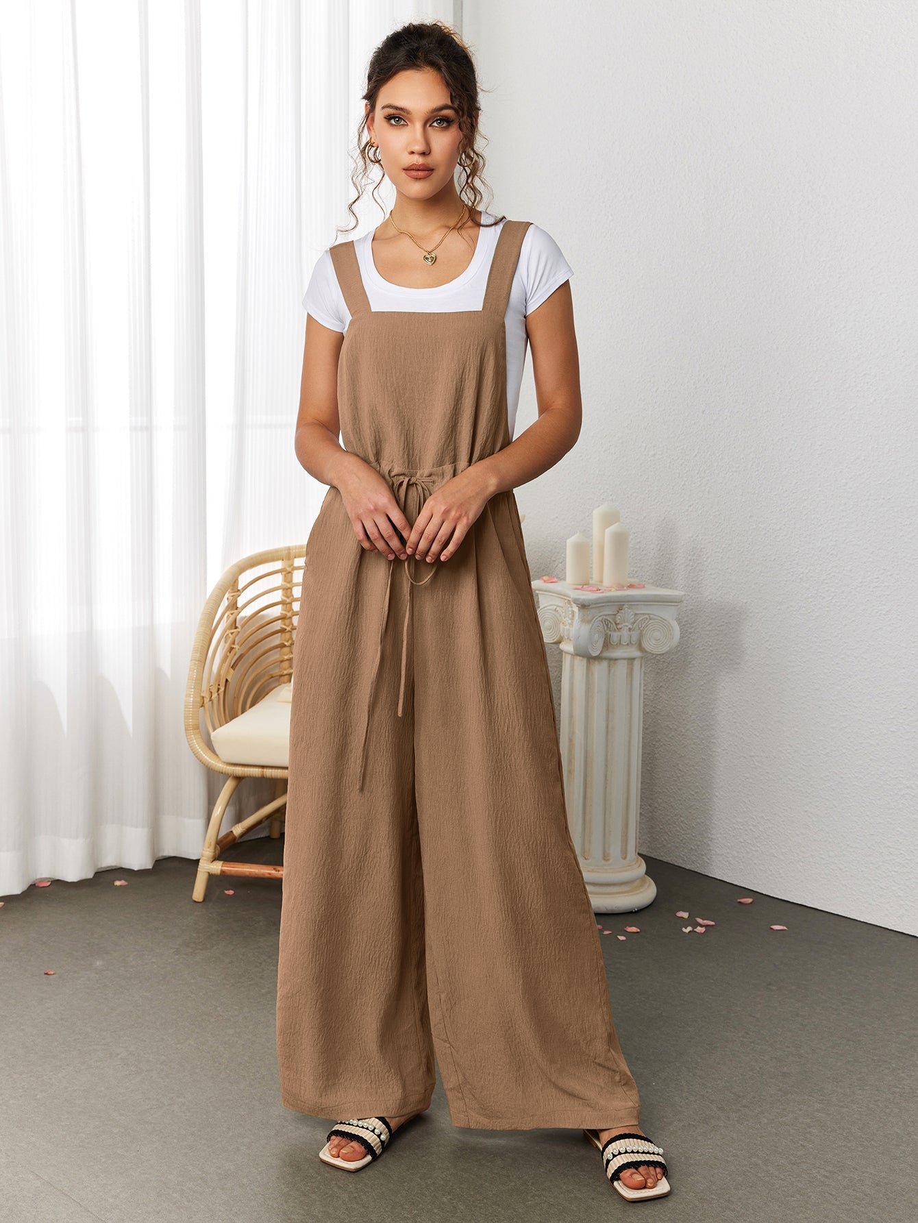 Drawstring Adjustable Button Back Pocket Jumpsuit