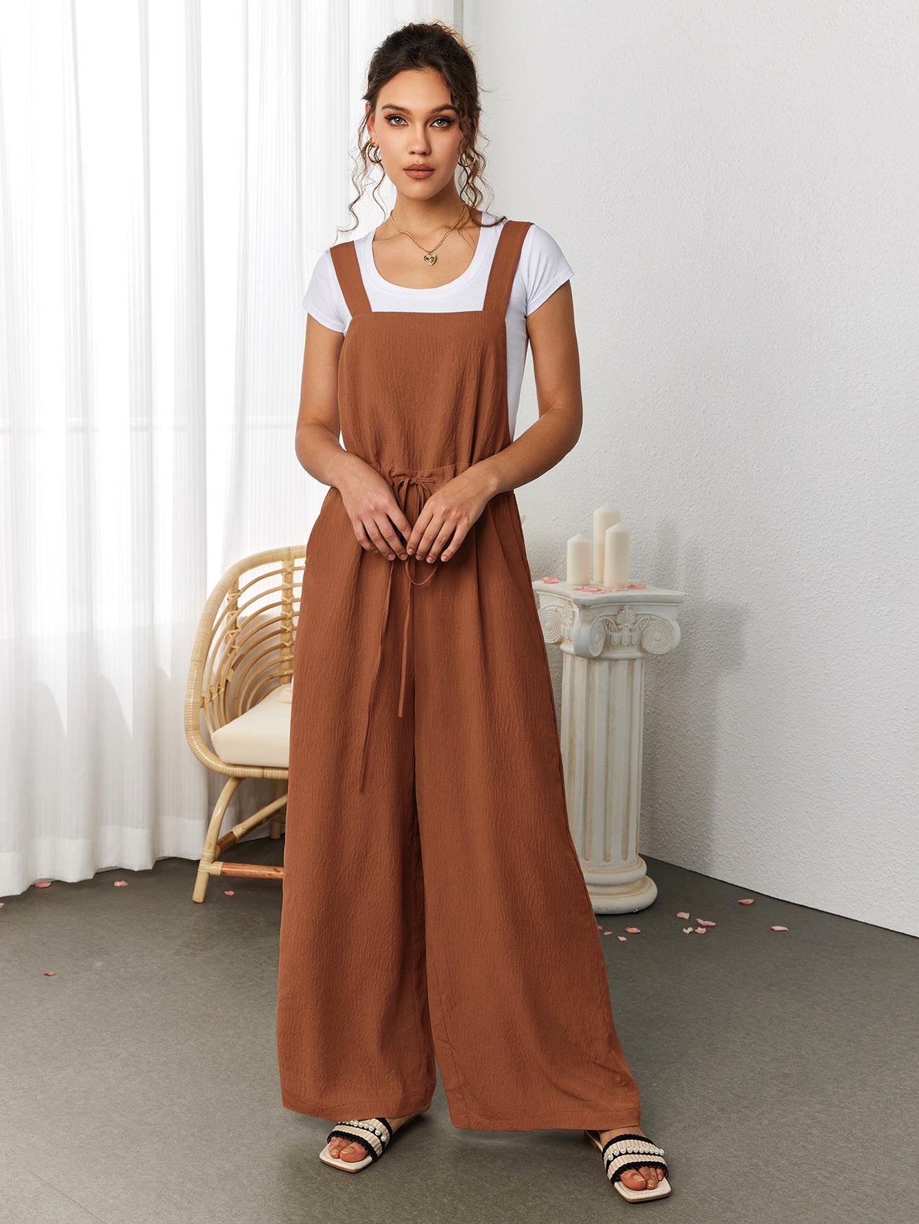 Drawstring Adjustable Button Back Pocket Jumpsuit
