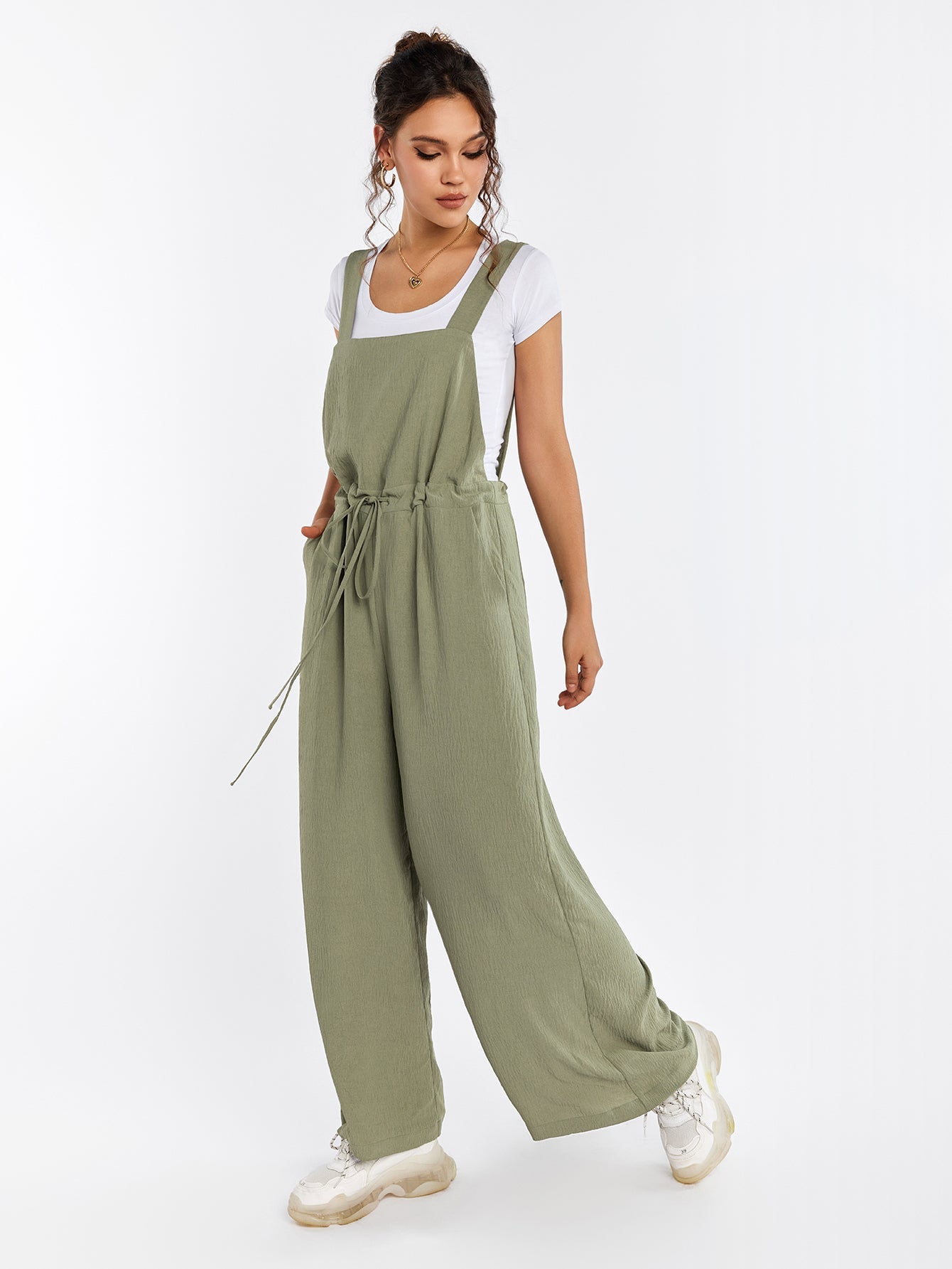 Drawstring Adjustable Button Back Pocket Jumpsuit