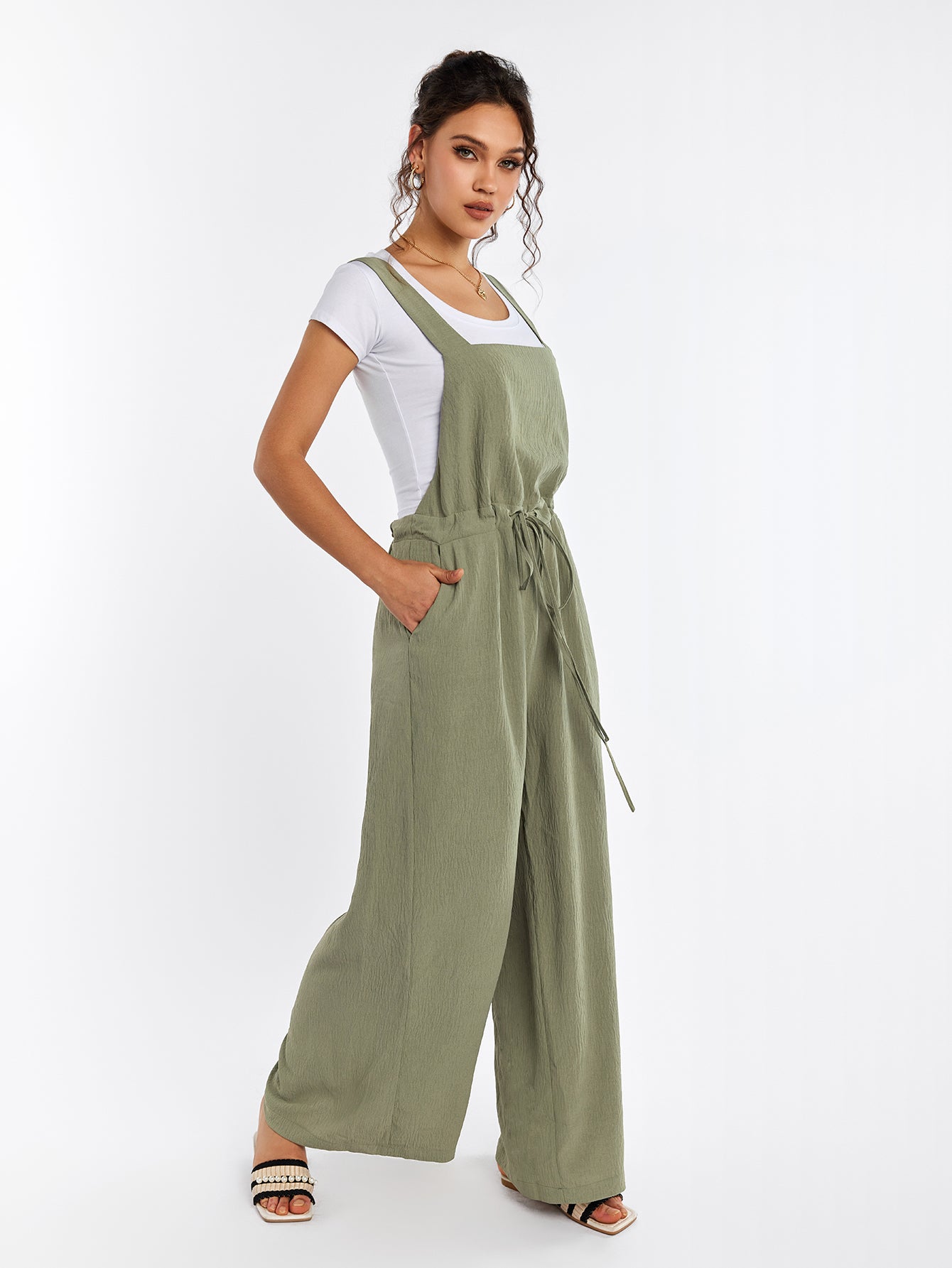 Drawstring Adjustable Button Back Pocket Jumpsuit