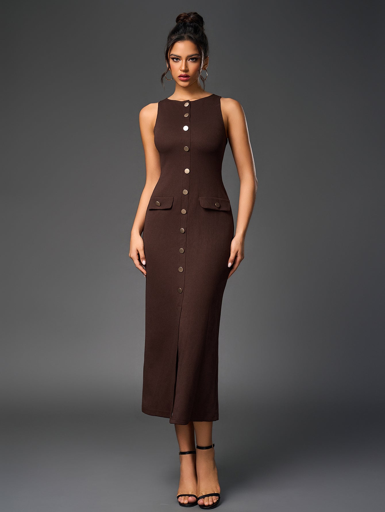 Embellished Button Split Hem Bodycon Dress