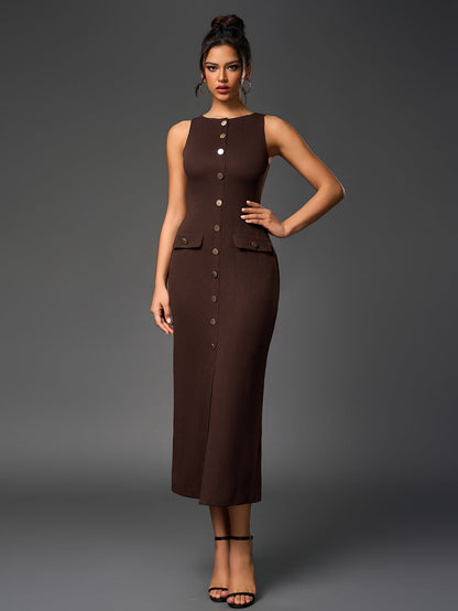 Embellished Button Split Hem Bodycon Dress