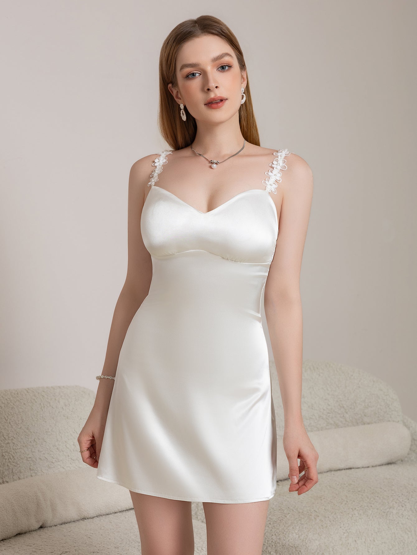 Embellished Straps Backless Satin Cami Dress