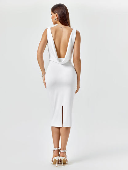 Embellished V-Neck Draped Back Midi Dress