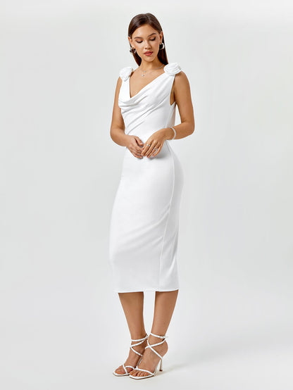 Embellished V-Neck Draped Back Midi Dress