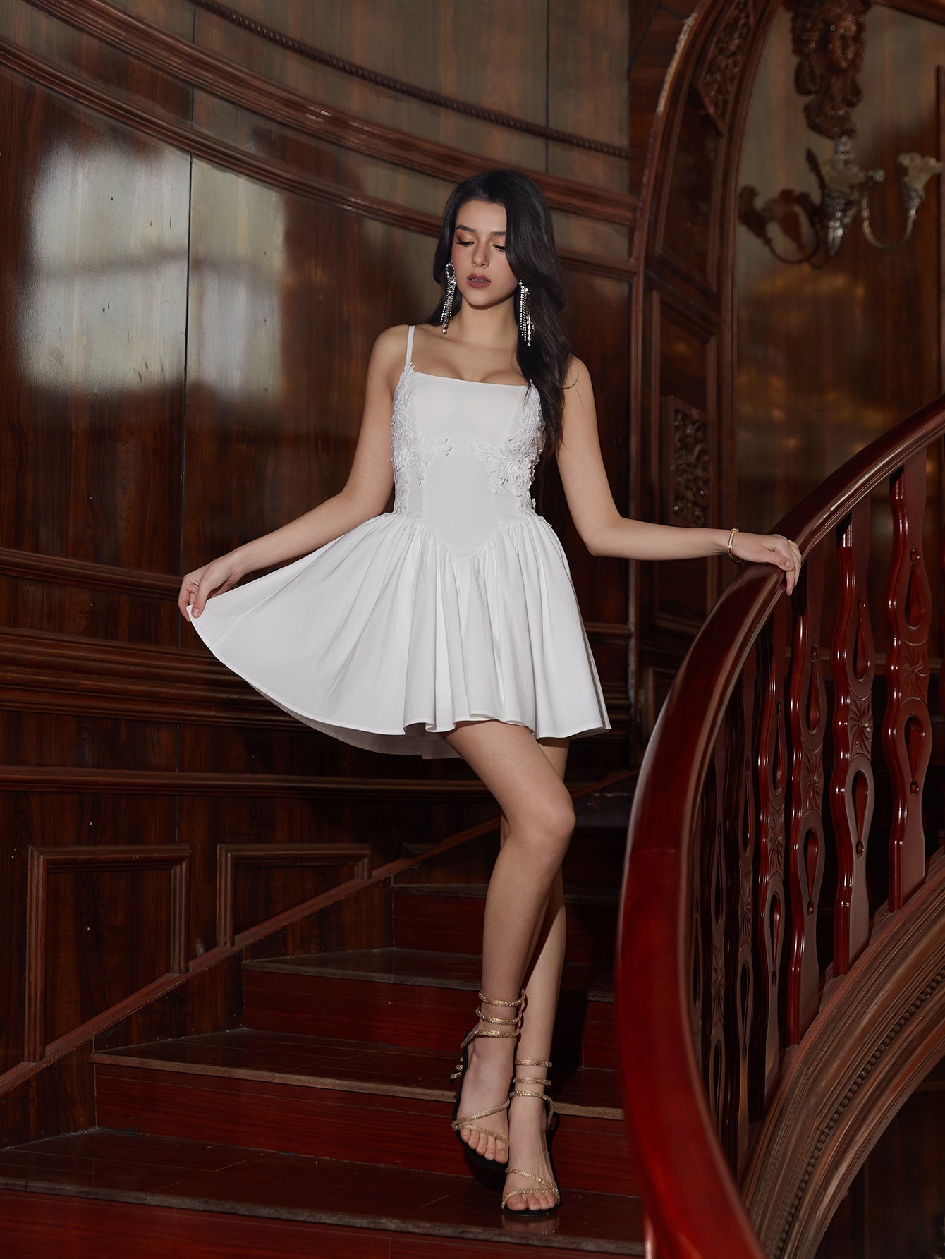 Embroidery Decoration Pleated Hem Solid Cami Dress