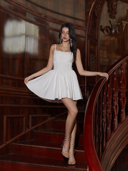 Embroidery Decoration Pleated Hem Solid Cami Dress