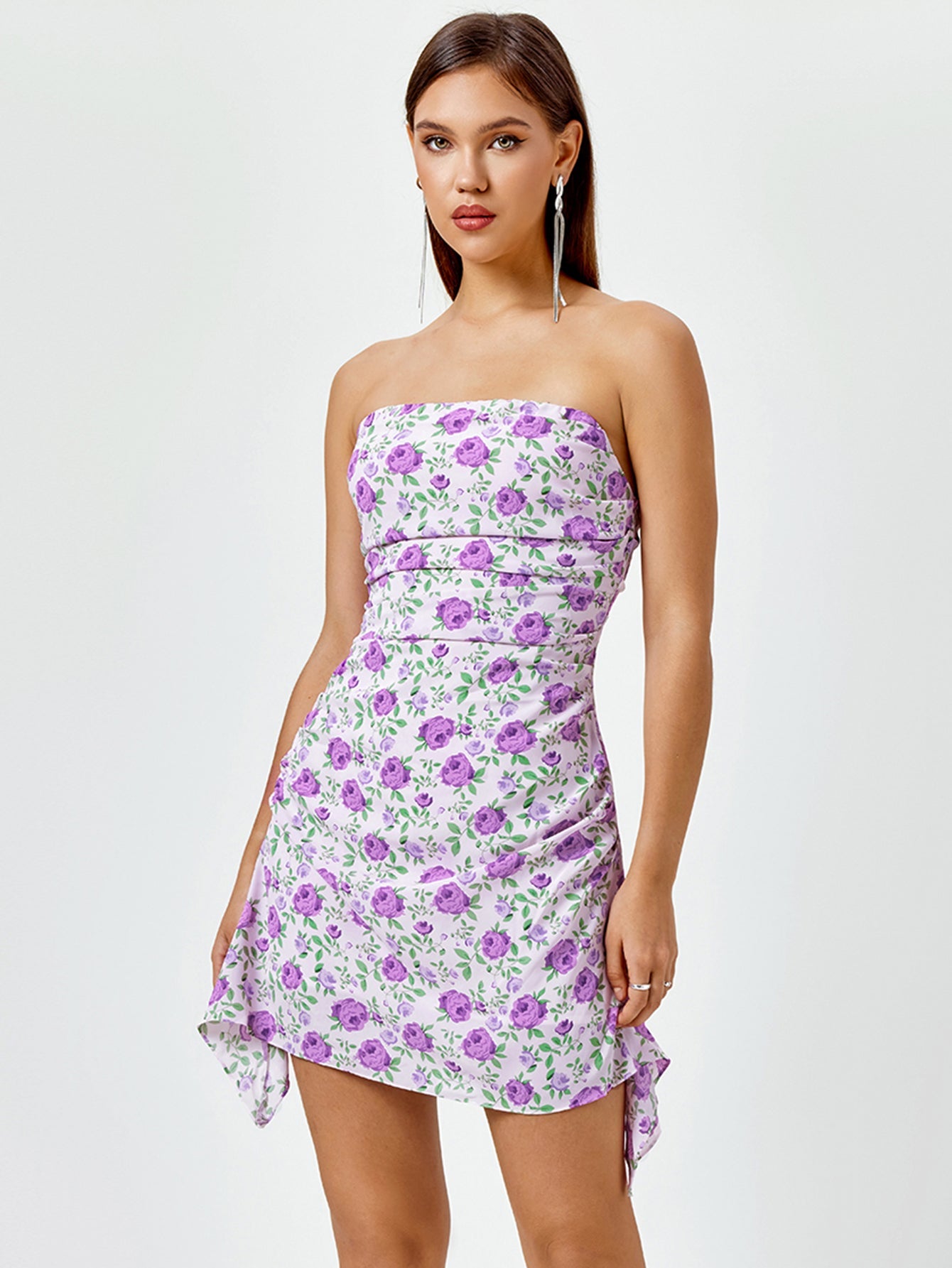 Floral Print Ruched Side Tube Dress