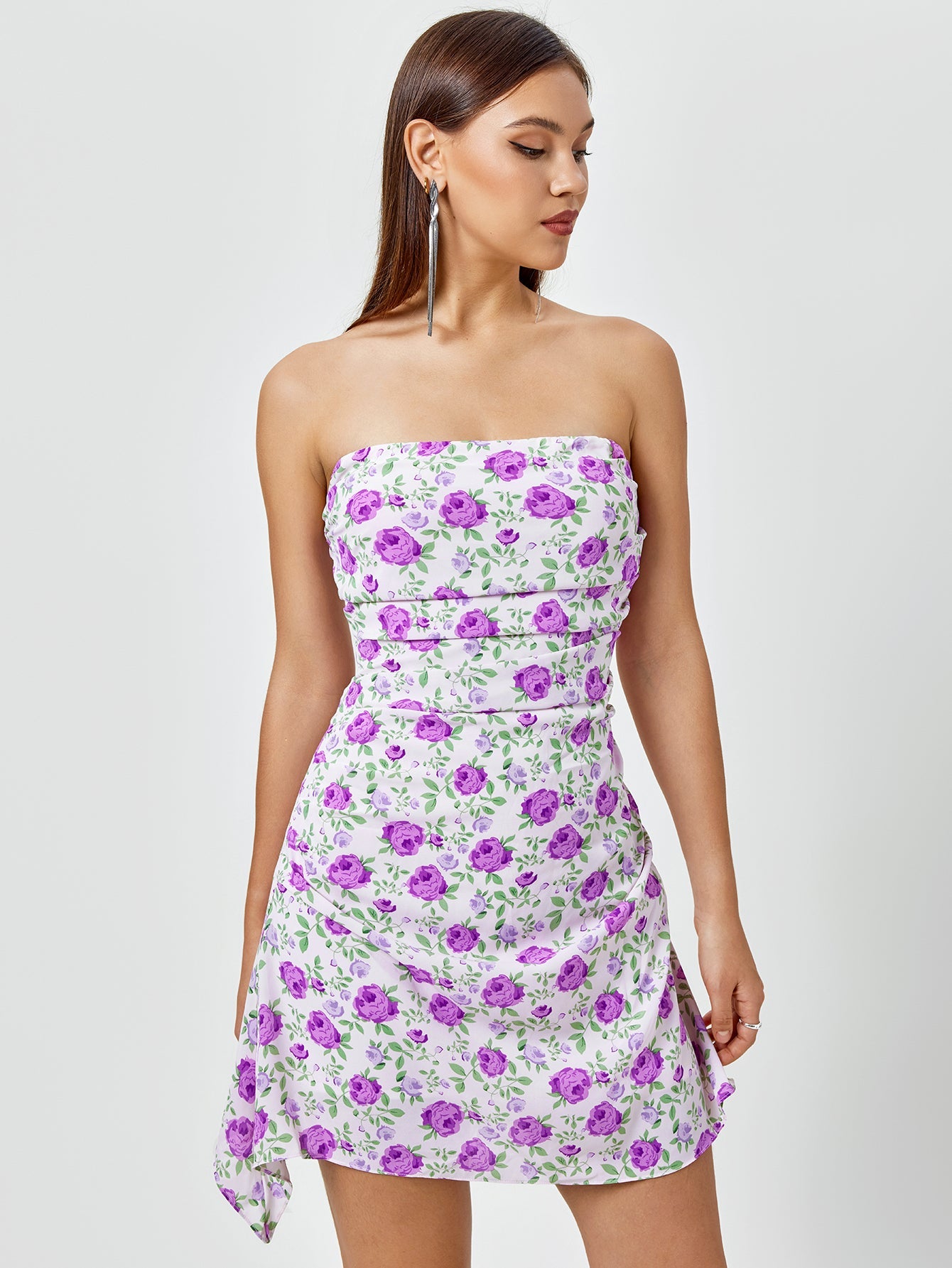 Floral Print Ruched Side Tube Dress