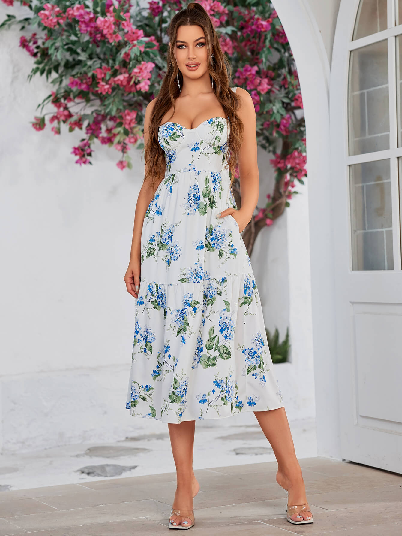 Floral Print Ruffle Hem Bustier Cami Dress
