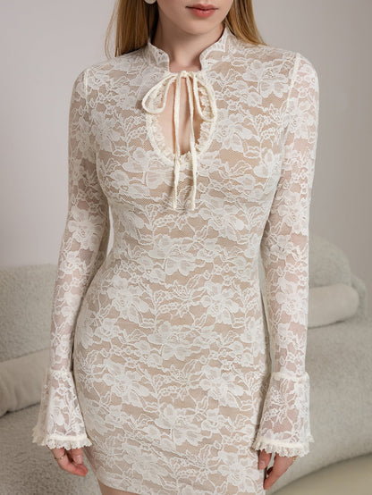 Flounce Sleeve Cut Out Tie Front Lace Mini Dress