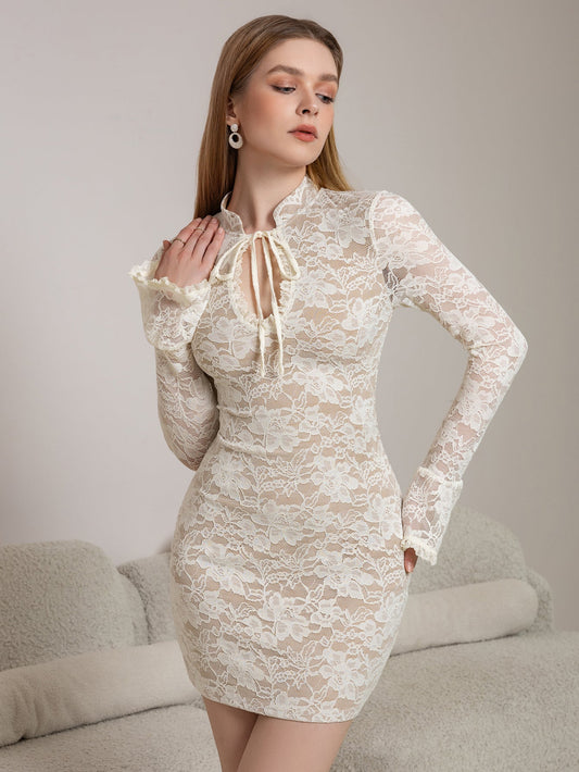 Flounce Sleeve Cut Out Tie Front Lace Mini Dress