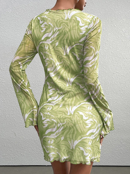 Flounce Sleeve Floral Print Mesh Mini Dress