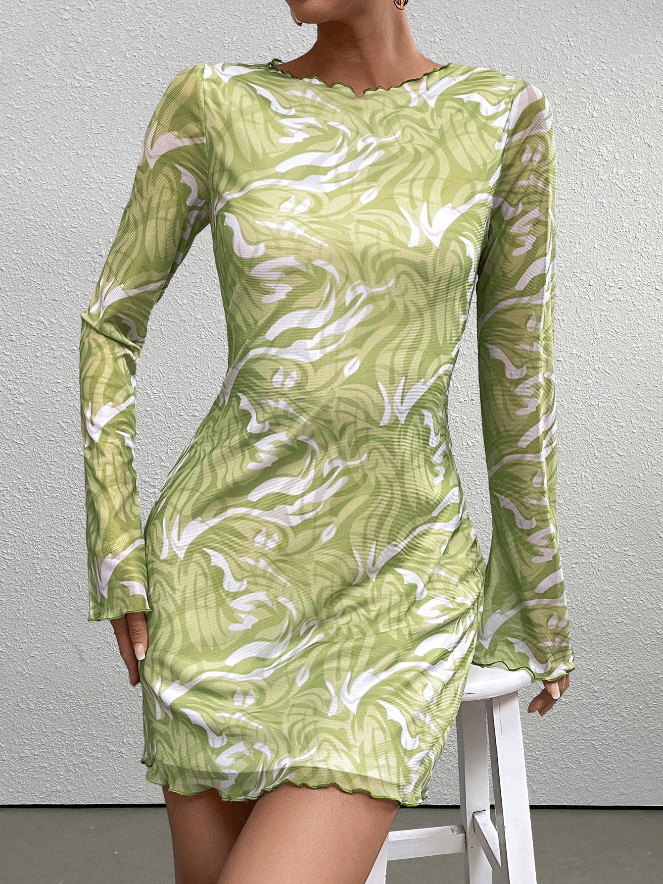 Flounce Sleeve Floral Print Mesh Mini Dress