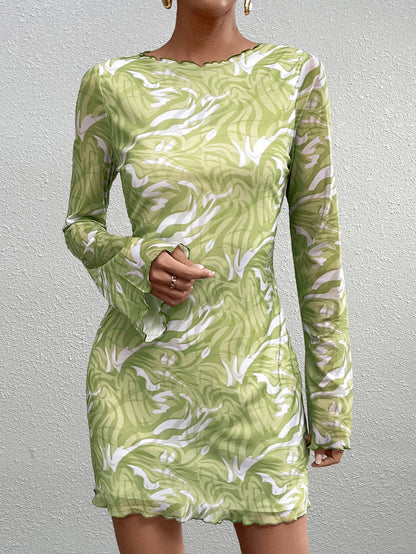 Flounce Sleeve Floral Print Mesh Mini Dress