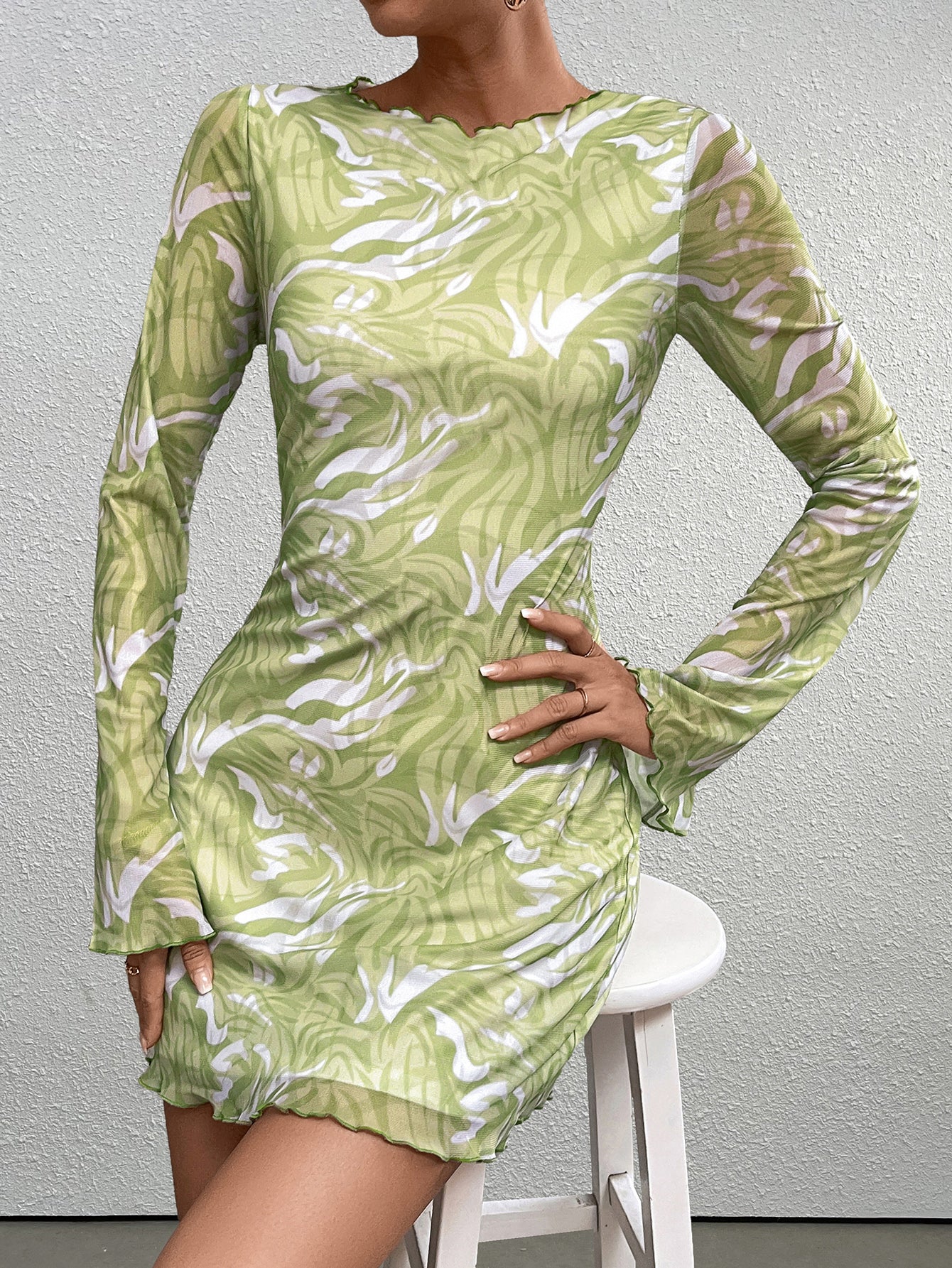 Flounce Sleeve Floral Print Mesh Mini Dress