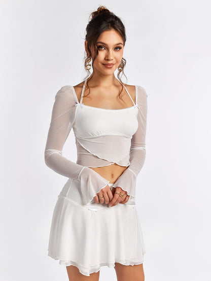 Flounce Sleeve Halter Mesh Crop Top&Flared Hem Skirt