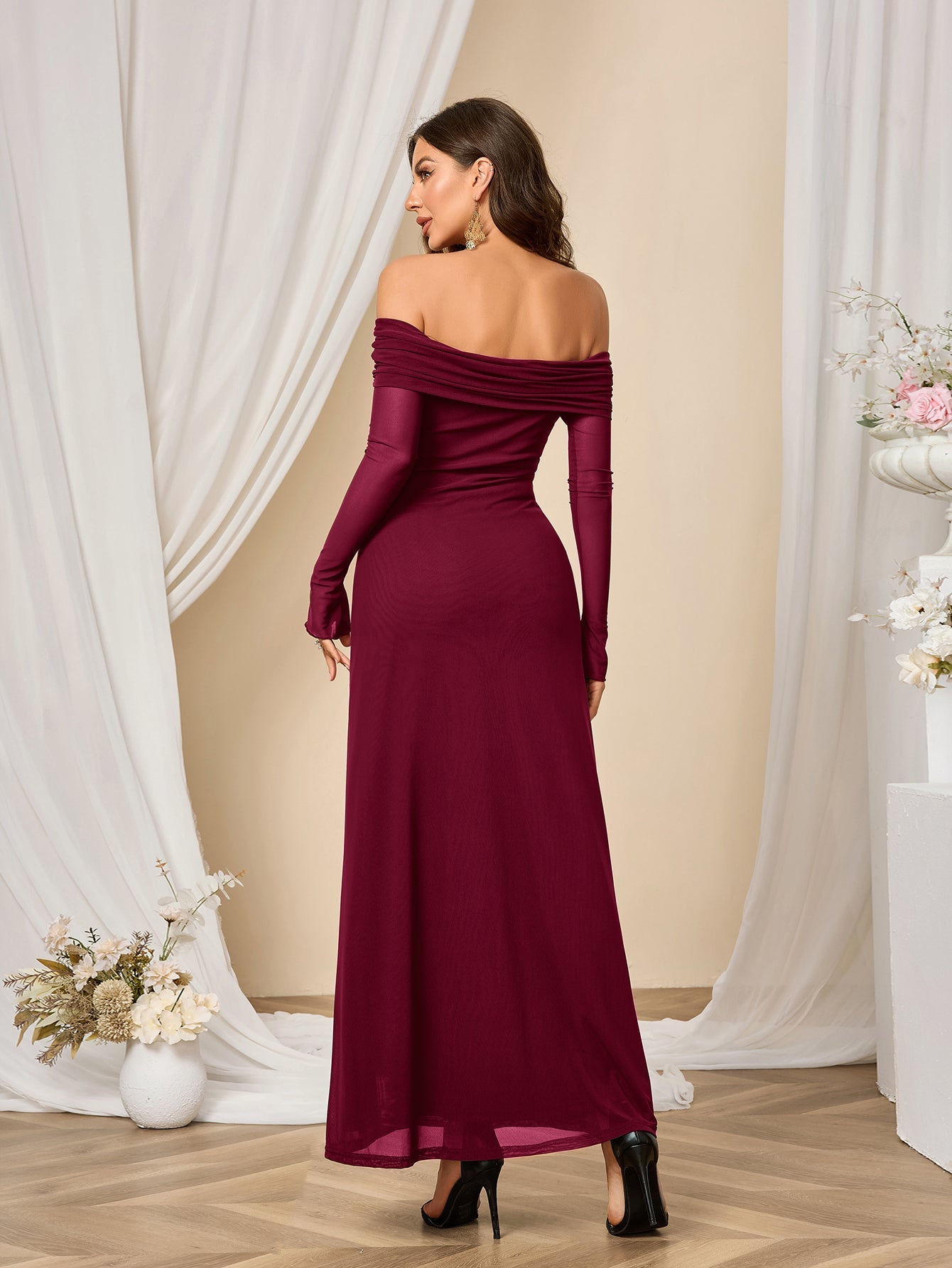 Flounce Sleeve Off Shoulder Mesh Bodycon Dress