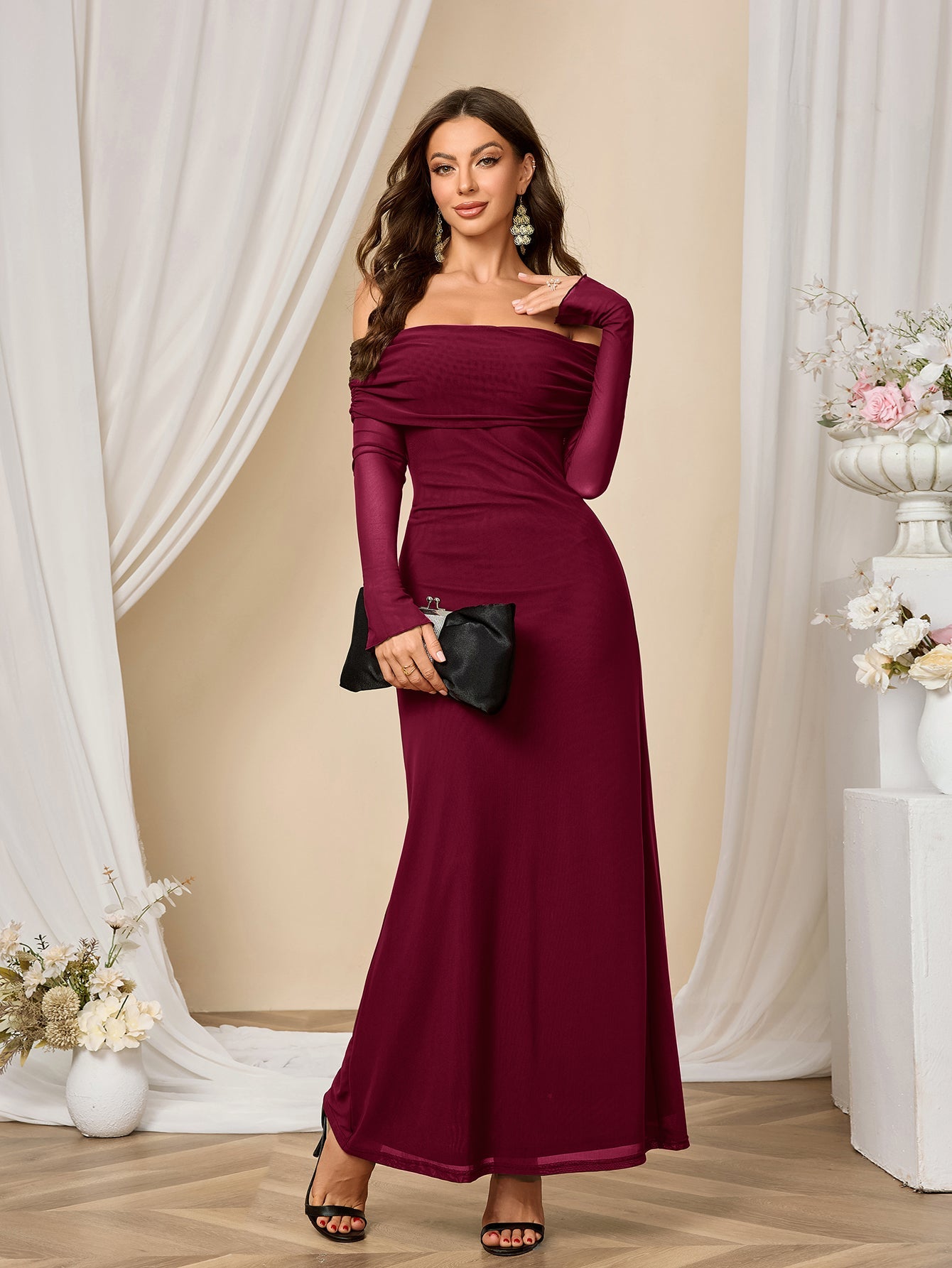 Flounce Sleeve Off Shoulder Mesh Bodycon Dress