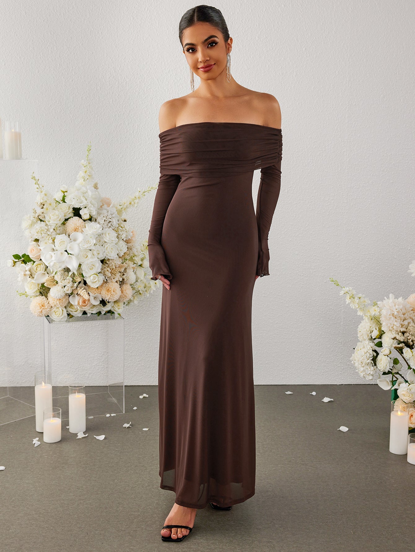 Flounce Sleeve Off Shoulder Mesh Bodycon Dress