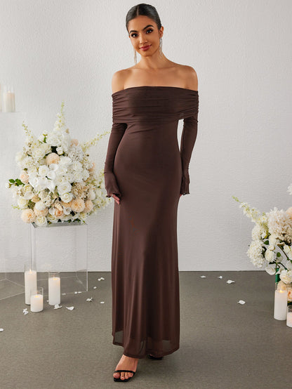Flounce Sleeve Off Shoulder Mesh Bodycon Dress