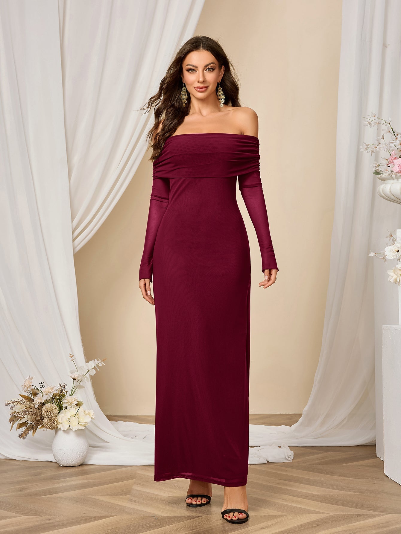 Flounce Sleeve Off Shoulder Mesh Bodycon Dress