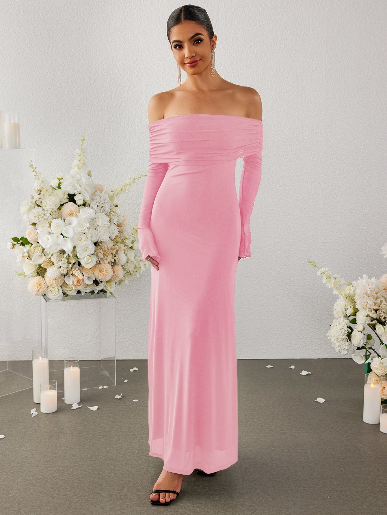 Flounce Sleeve Off Shoulder Mesh Bodycon Dress
