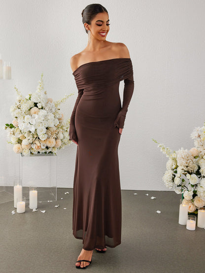 Flounce Sleeve Off Shoulder Mesh Bodycon Dress