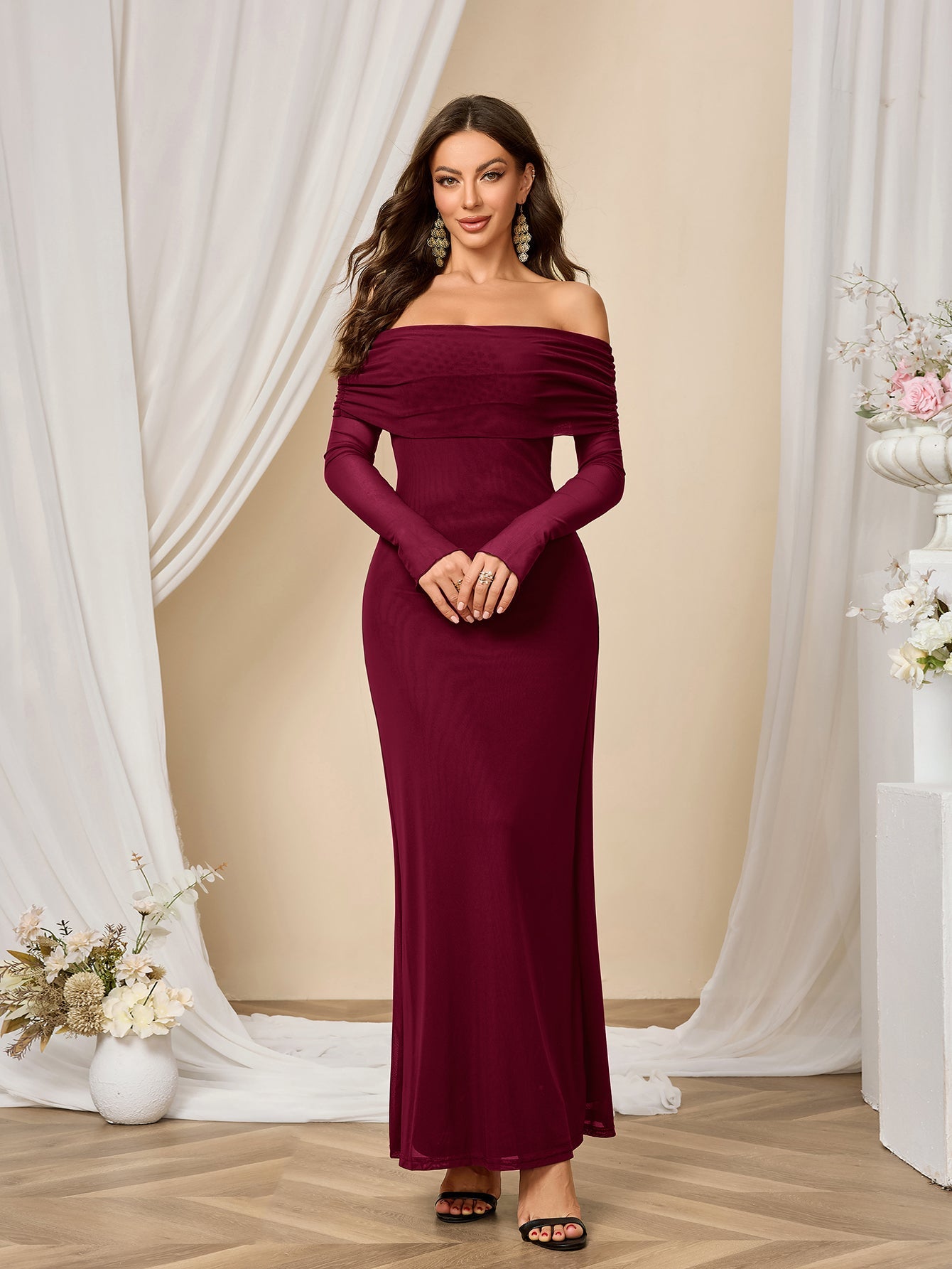 Flounce Sleeve Off Shoulder Mesh Bodycon Dress