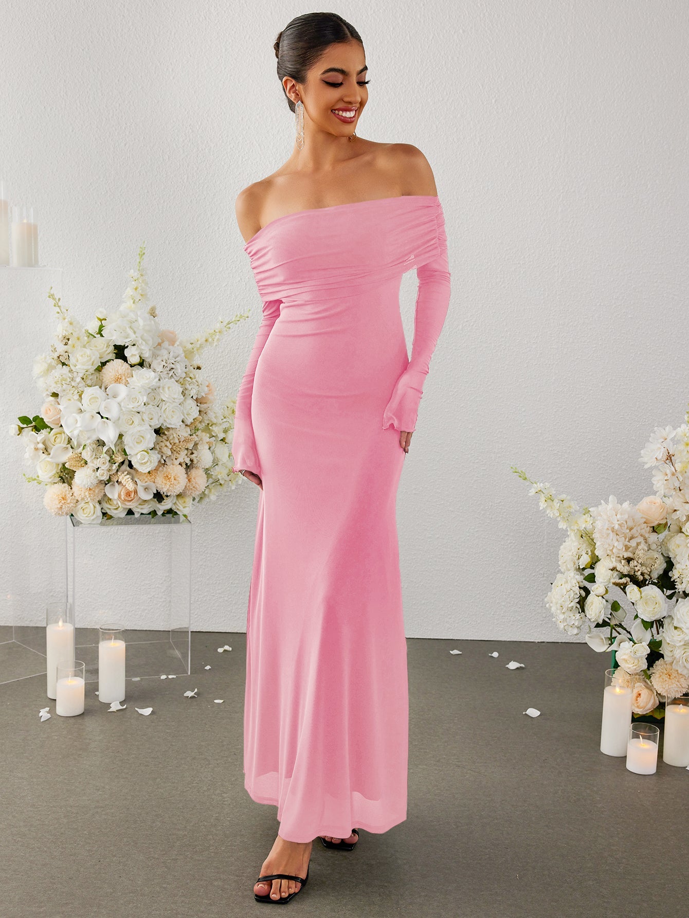 Flounce Sleeve Off Shoulder Mesh Bodycon Dress