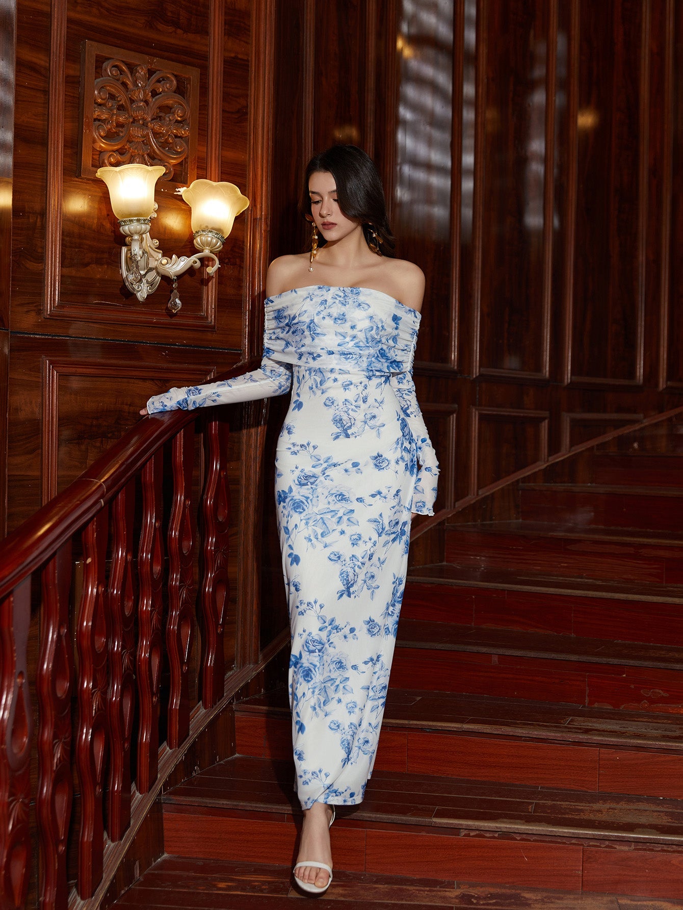 Flounce Sleeve Off Shoulder Mesh Bodycon Dress