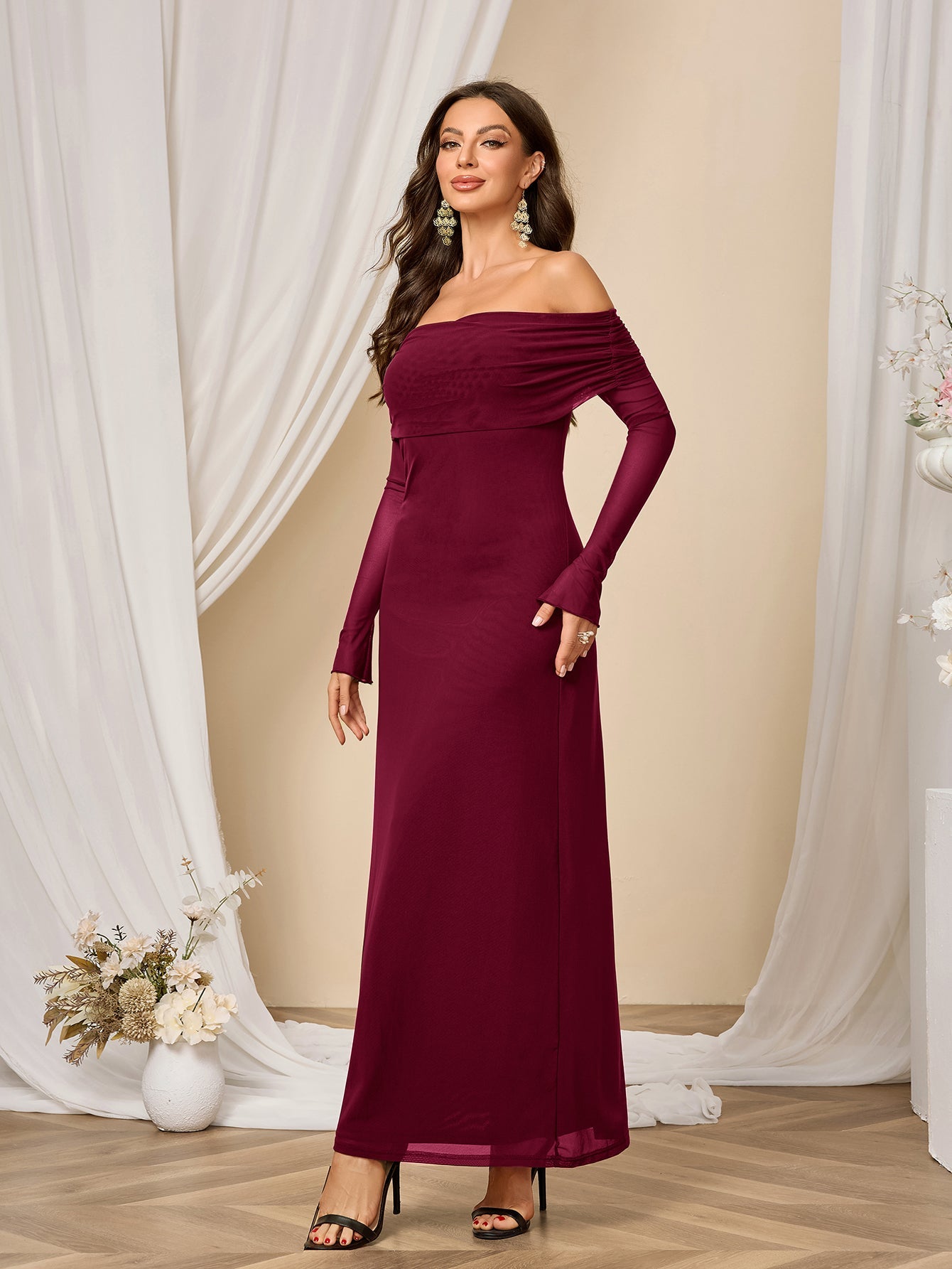 Flounce Sleeve Off Shoulder Mesh Bodycon Dress