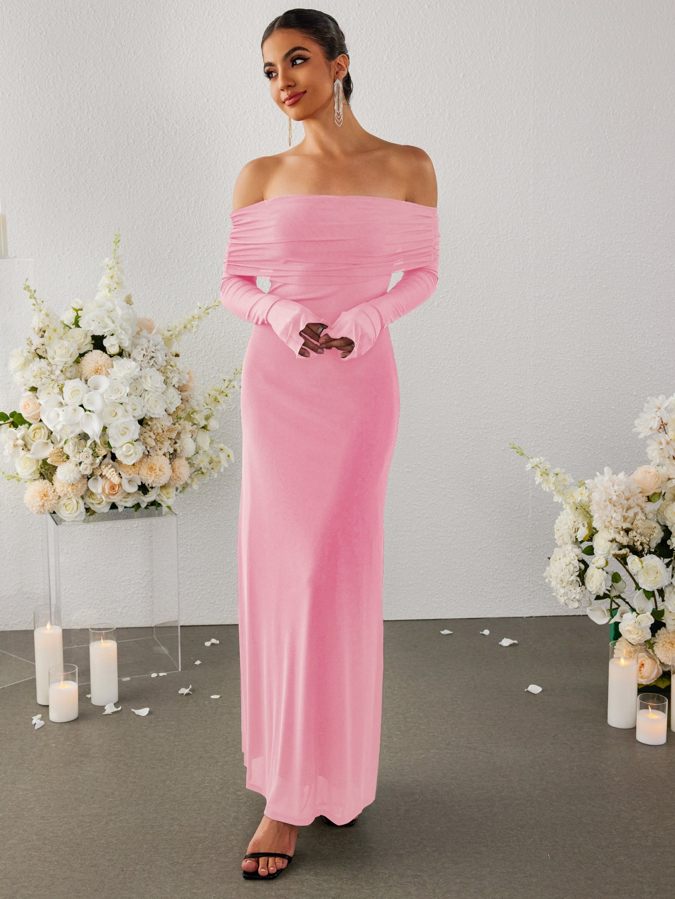 Flounce Sleeve Off Shoulder Mesh Bodycon Dress