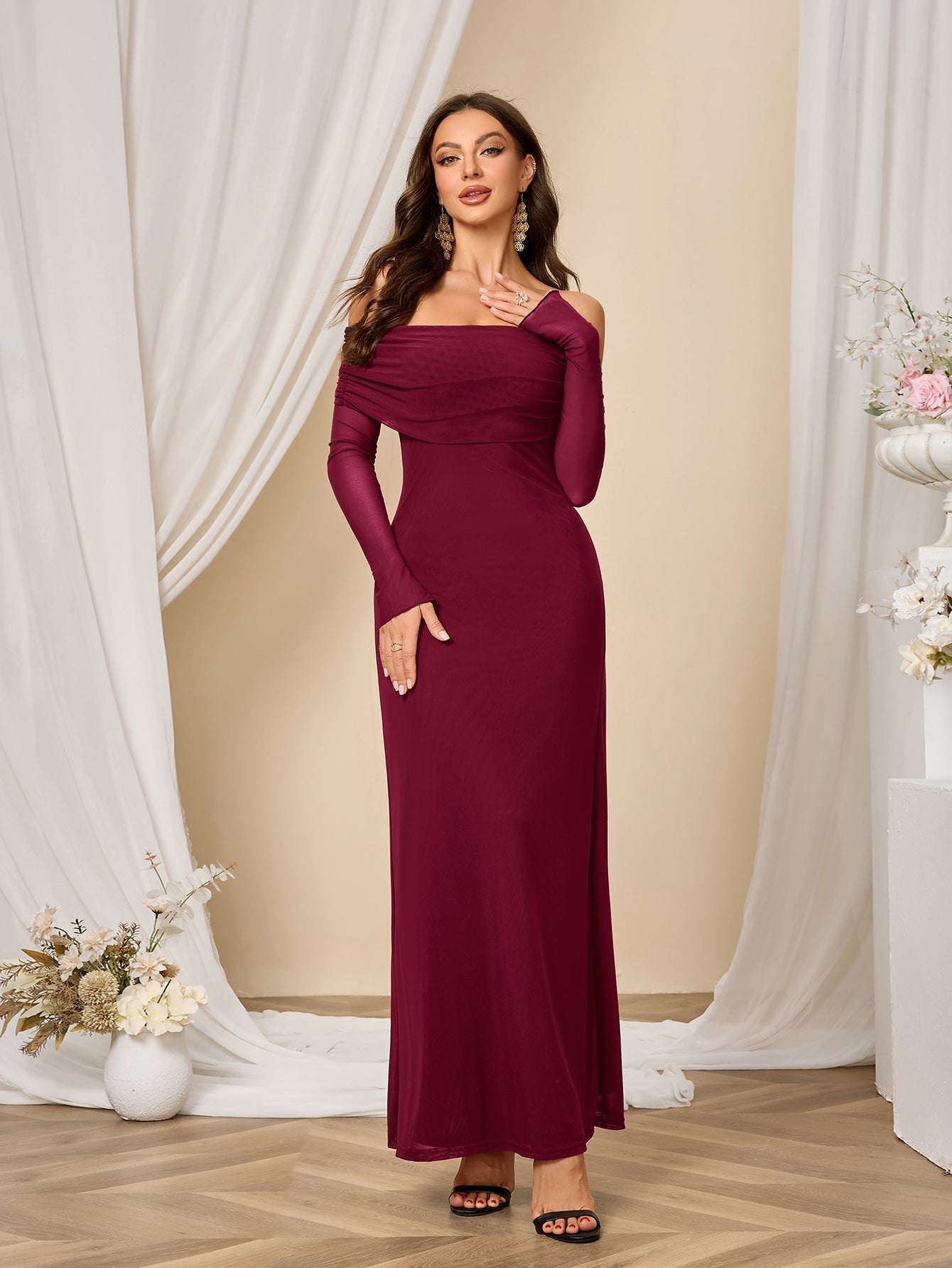Flounce Sleeve Off Shoulder Mesh Bodycon Dress