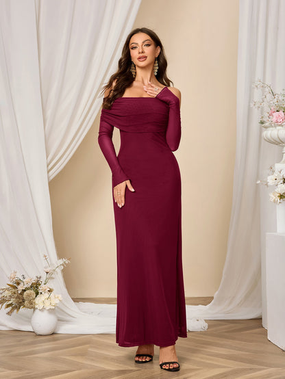 Flounce Sleeve Off Shoulder Mesh Bodycon Dress