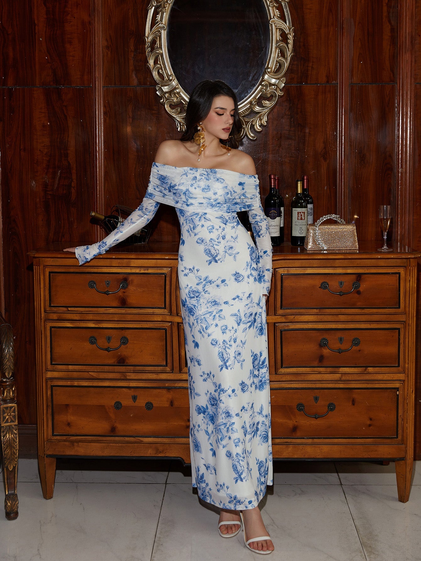 Flounce Sleeve Off Shoulder Mesh Bodycon Dress
