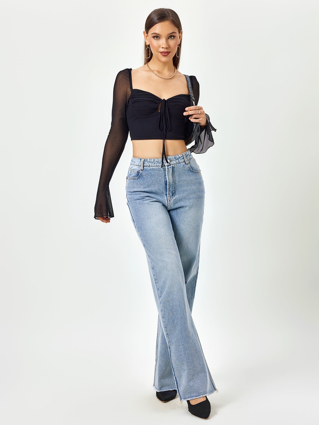 Flounce Sleeve Ruched Bust Zipper Back Crop Top