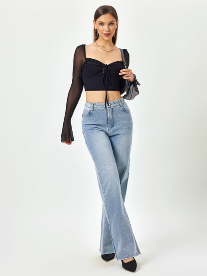 Flounce Sleeve Ruched Bust Zipper Back Crop Top
