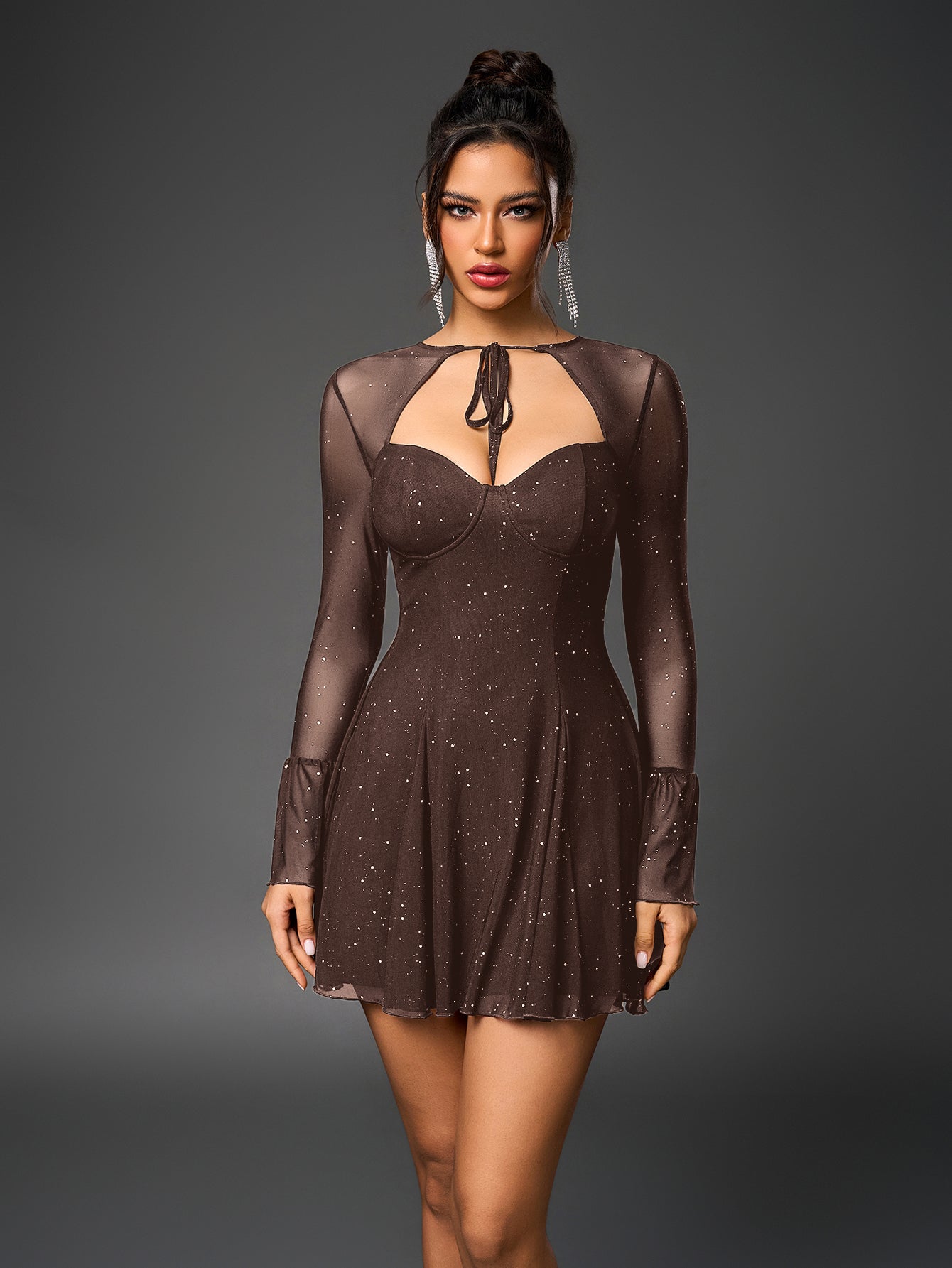 Flounce Sleeve Tie Front Glitter Mesh Flared Dress
