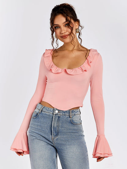 Flounce Sleeve Trim Tie Back Top