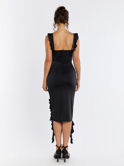 Fly Sleeve Embellished Flower Asymmetrical Hem Dress